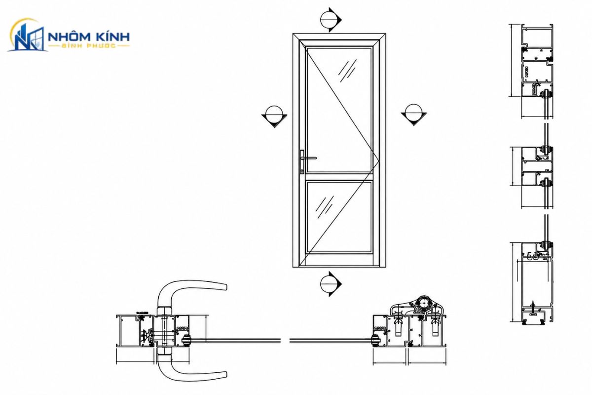 Cửa đi mở quay 1 cánh thường dùng nhôm hệ 55 dày 1,4–2,0 mm, kính an toàn 6,38–12 mm, bản lề 3D, khóa tay gạt và gioăng EPDM