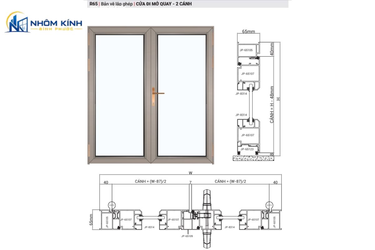 Cửa đi mở quay 2 cánh nhôm Xingfa thường dùng hệ 55 dày 2,0 mm, kính an toàn 8–10 mm, phụ kiện Kinlong, gioăng EPDM và keo silicone chống thấm