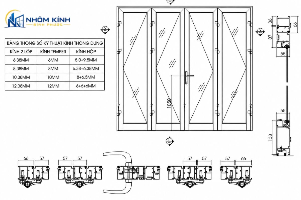 Văn bản Alt cho hình ảnh:Cấu tạo chi tiết cửa đi mở quay 4 cánh gồm thanh nhôm Xingfa hệ 55, kính cường lực, phụ kiện đồng bộ, gioăng EPDM và keo đặc chủng
