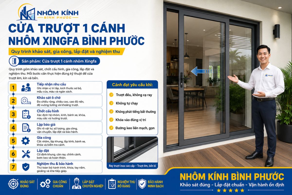 Quy trình đặt làm cửa mở trượt 1 cánh nhôm Xingfa Bình Phước gồm khảo sát ô chờ, chốt cấu hình, báo giá, gia công, lắp đặt và nghiệm thu