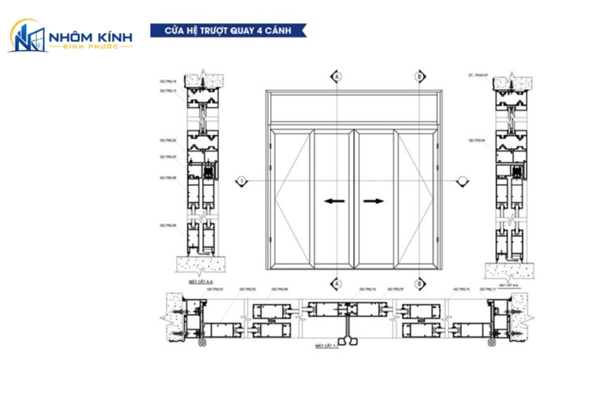 Thông số kỹ thuật cửa đi mở trượt 4 cánh nhôm Xingfa hệ 93 dày 2mm kết hợp kính cường lực, gioăng EPDM và phụ kiện đồng bộ Kinlong Cmech