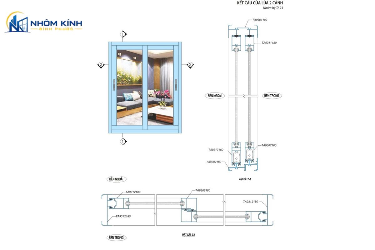 Thông số kỹ thuật chi tiết cửa lùa nhôm Xingfa hệ 93 và hệ 55 gồm thanh profile tem đỏ nhập khẩu, kính an toàn, gioăng EPDM và phụ kiện Kinlong đồng bộ