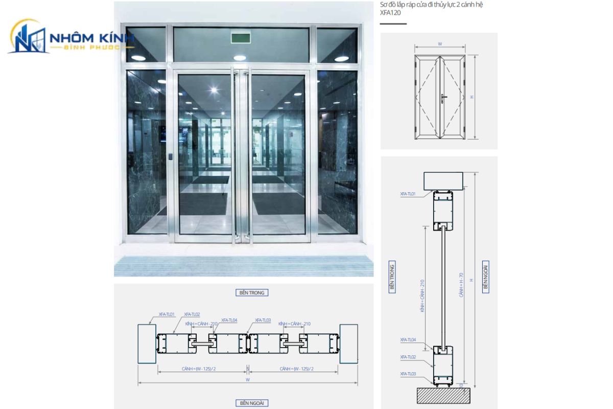 Thông số kỹ thuật cửa nhôm thủy lực bao gồm khung nhôm bản lớn 120mm - 180mm, kính cường lực, bản lề âm sàn cùng hệ phụ kiện đồng bộ cao cấp