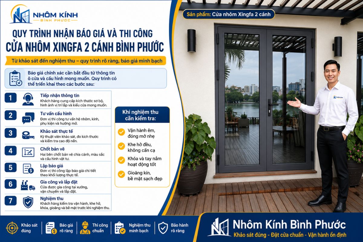 Quy trình nhận báo giá và thi công cửa nhôm Xingfa 2 cánh tại Bình Phước gồm tư vấn cấu hình, khảo sát, chốt bản vẽ, báo giá, gia công, lắp đặt và nghiệm thu