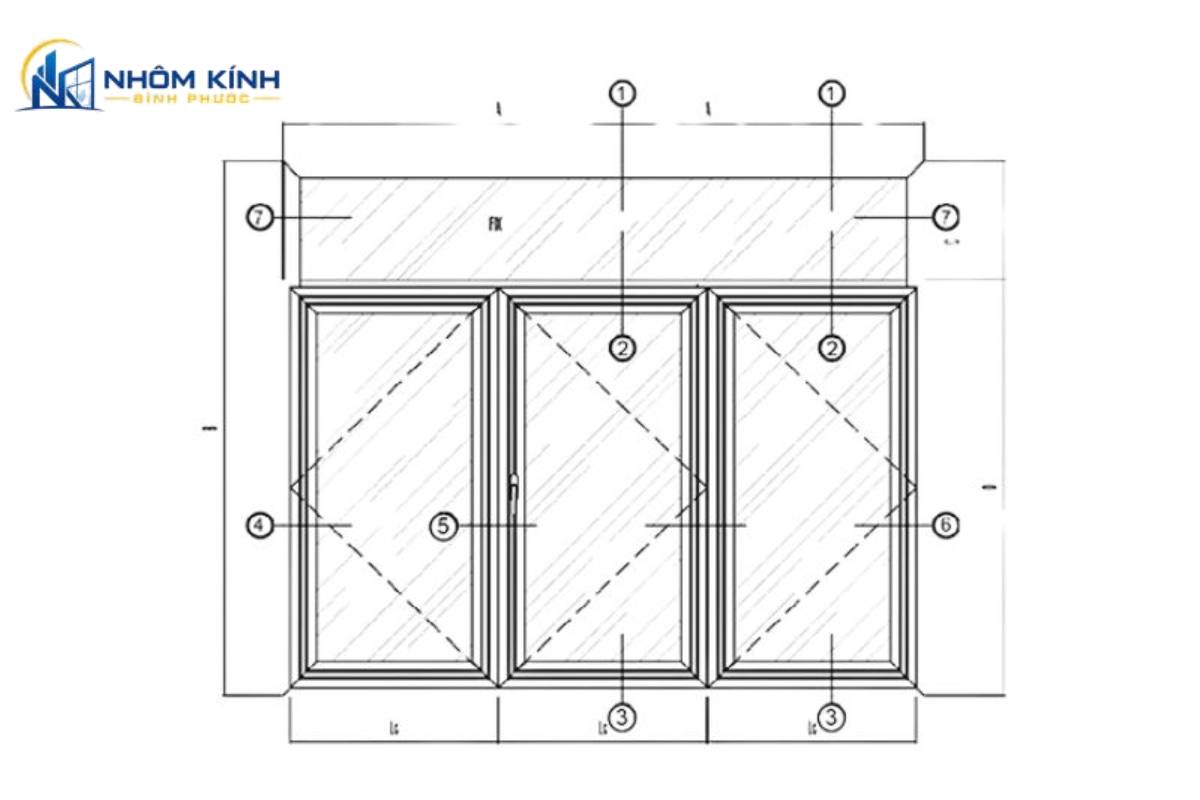Thông số kỹ thuật cửa đi 3 cánh mở quay với nhôm hệ 55 dày 2mm, kính cường lực, gioăng EPDM và phụ kiện đồng bộ Kinlong Cmech