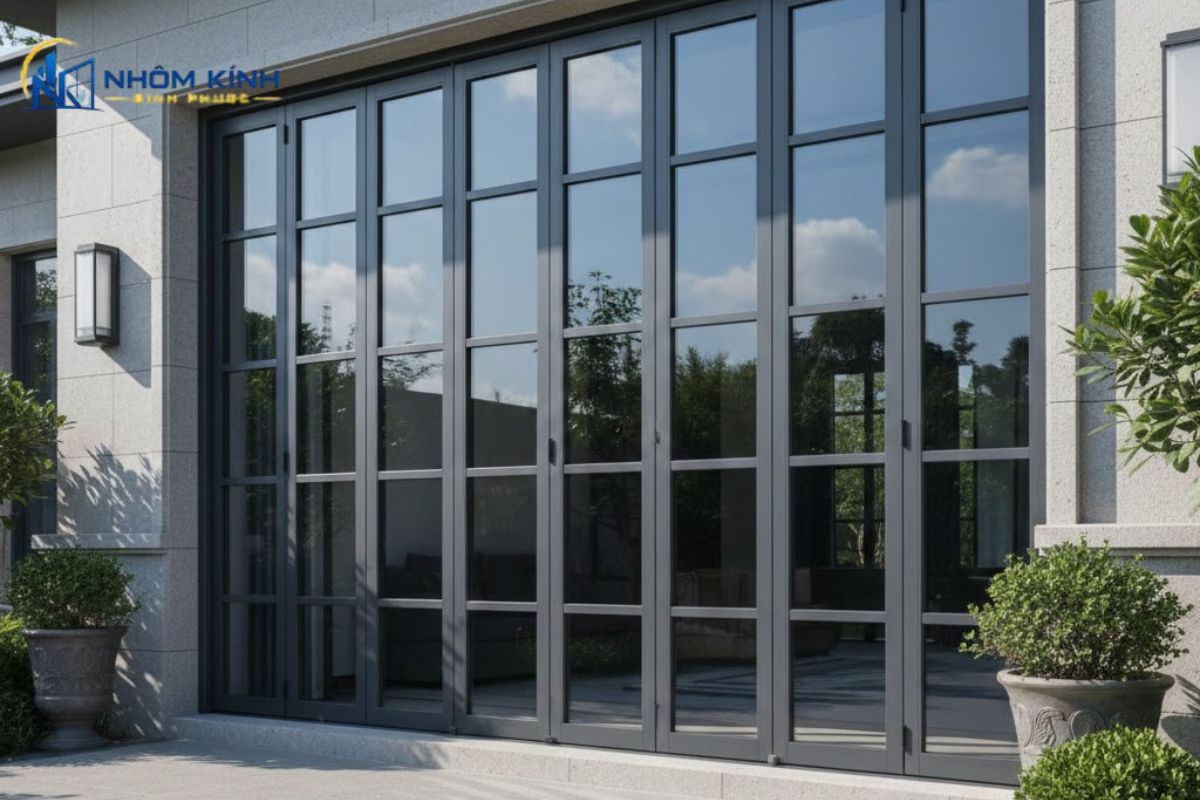 Cửa nhôm Xingfa hệ 63 dạng xếp trượt giúp mở lối đi rộng, phù hợp mặt tiền kinh doanh, phòng khách nối sân vườn và không gian sự kiện