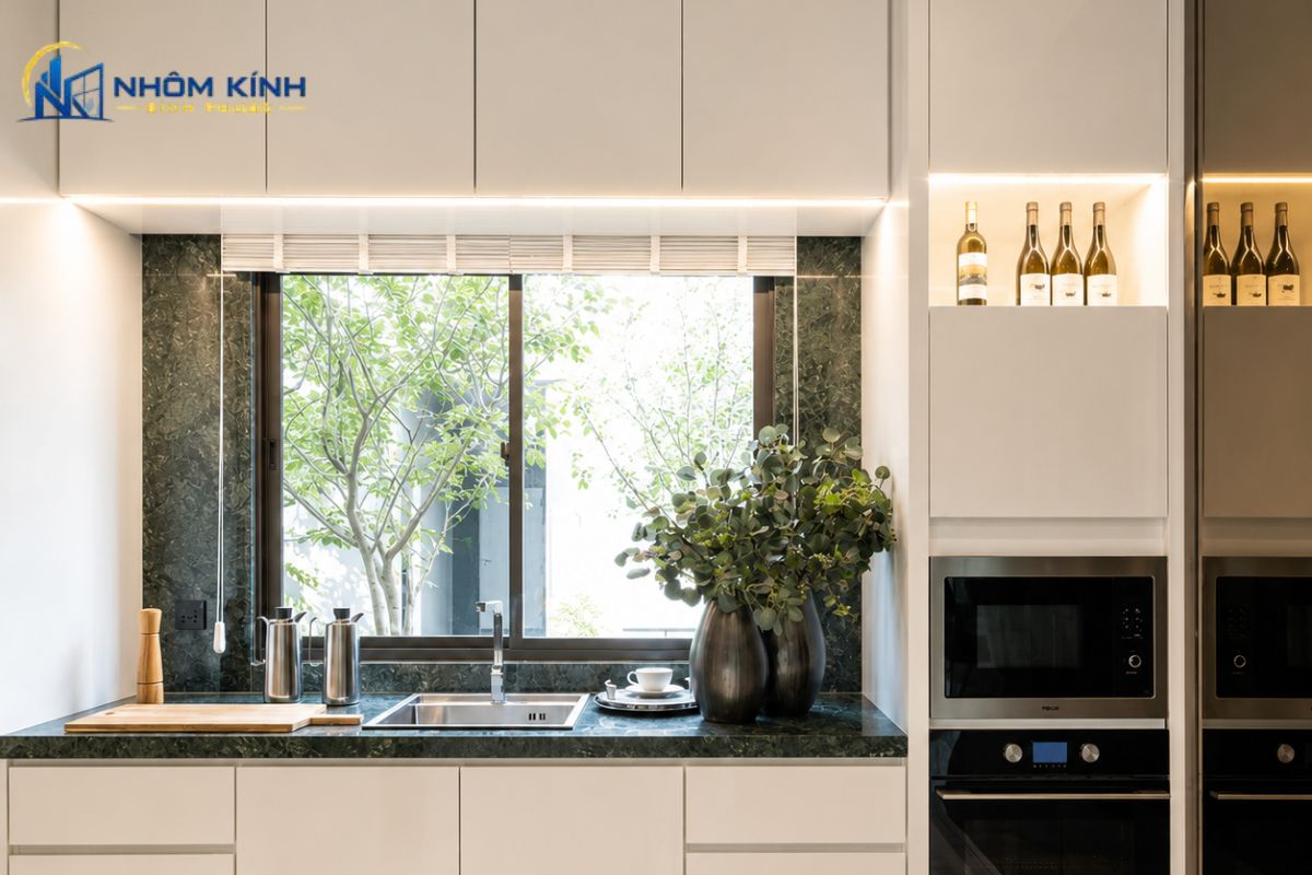 Cửa sổ lùa 1 cánh cho khu vực bếp giúp lấy sáng, lưu thông không khí và tiết kiệm không gian quanh bồn rửa, kệ bếp