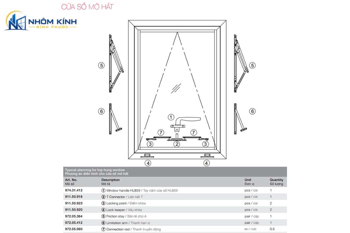 Cửa sổ mở hất 1 cánh hệ 55, nhôm dày 1,2–1,4 mm, kính an toàn và phụ kiện đồng bộ, góc mở tối đa khoảng 45 độ
