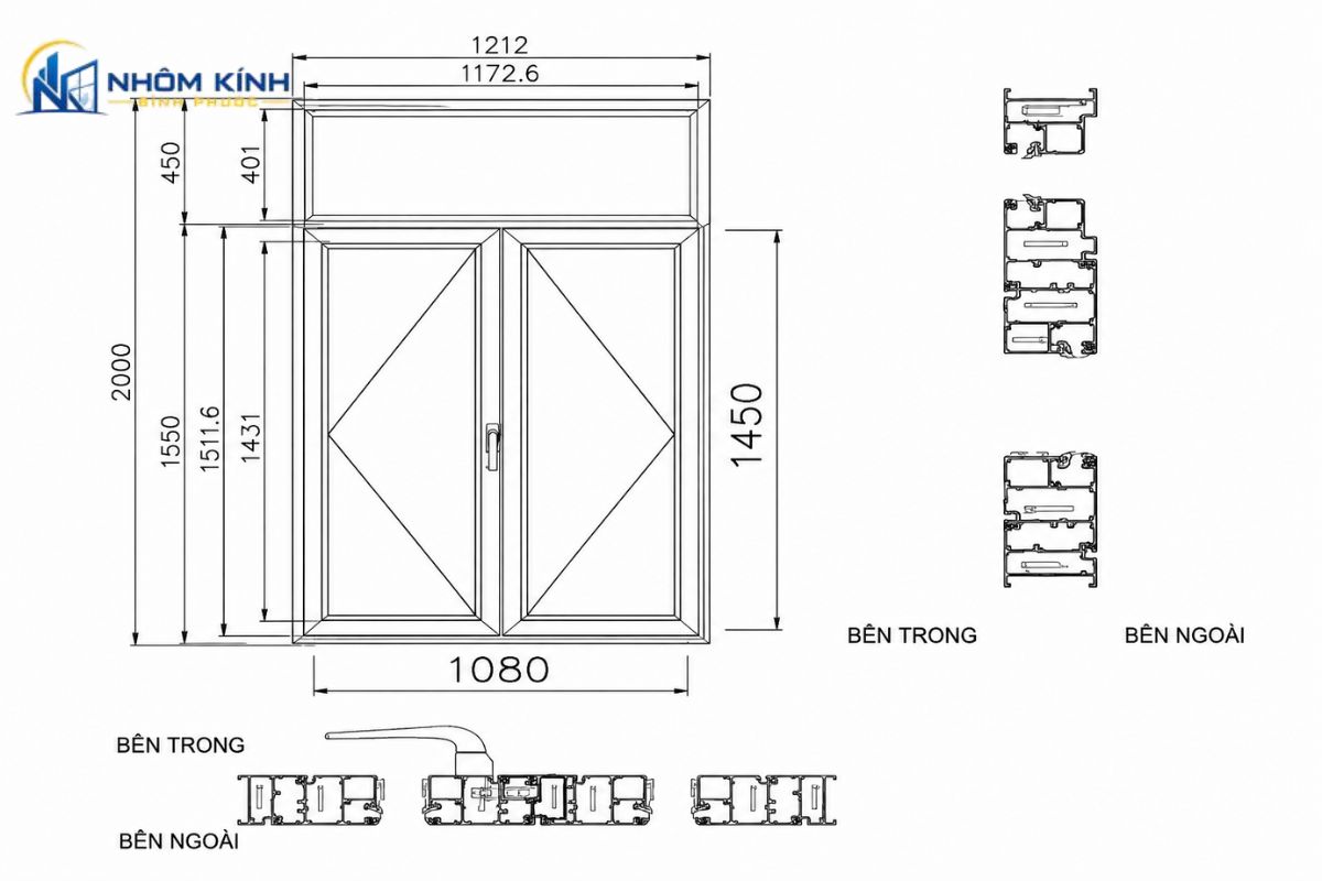 Cửa sổ mở quay 2 cánh dùng nhôm hệ 55 dày khoảng 1,4–1,5 mm, kết hợp kính an toàn và phụ kiện đồng bộ, góc mở khoảng 90 độ