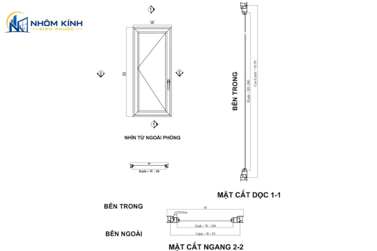 Cửa sổ nhôm Xingfa 1 cánh hệ 55 dày khoảng 1,4 mm, kết hợp kính an toàn và phụ kiện đồng bộ theo từng kiểu mở