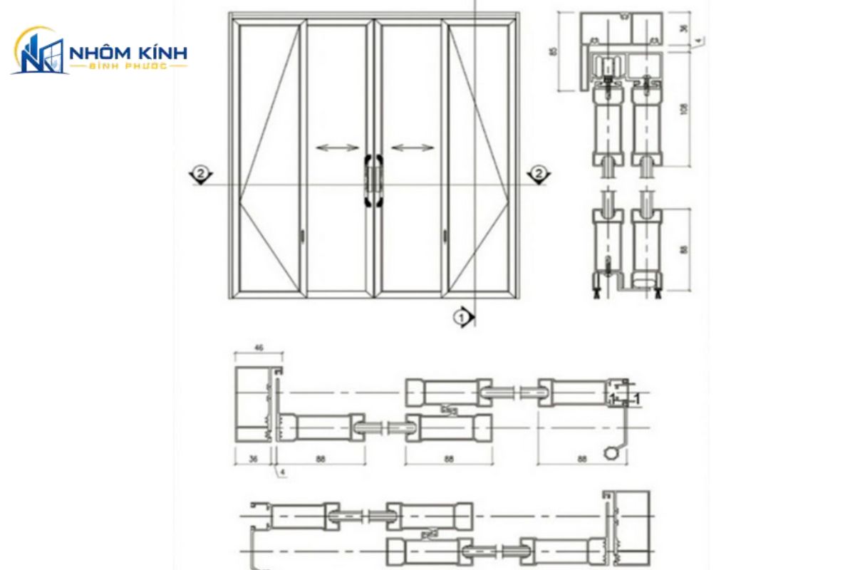 Thông số kỹ thuật cửa xếp trượt nhôm xingfa hệ 63 với độ dày 1.6mm - 3.2mm, kính cường lực và phụ kiện Kinlong CMECH Hopo đồng bộ